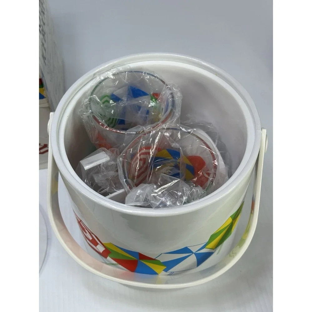 VTG ITEMAKERS 10 Pc Ice Bucket Set‎ 4 Tumblers 4 Coasters Tongs Umbrellas NOS 85